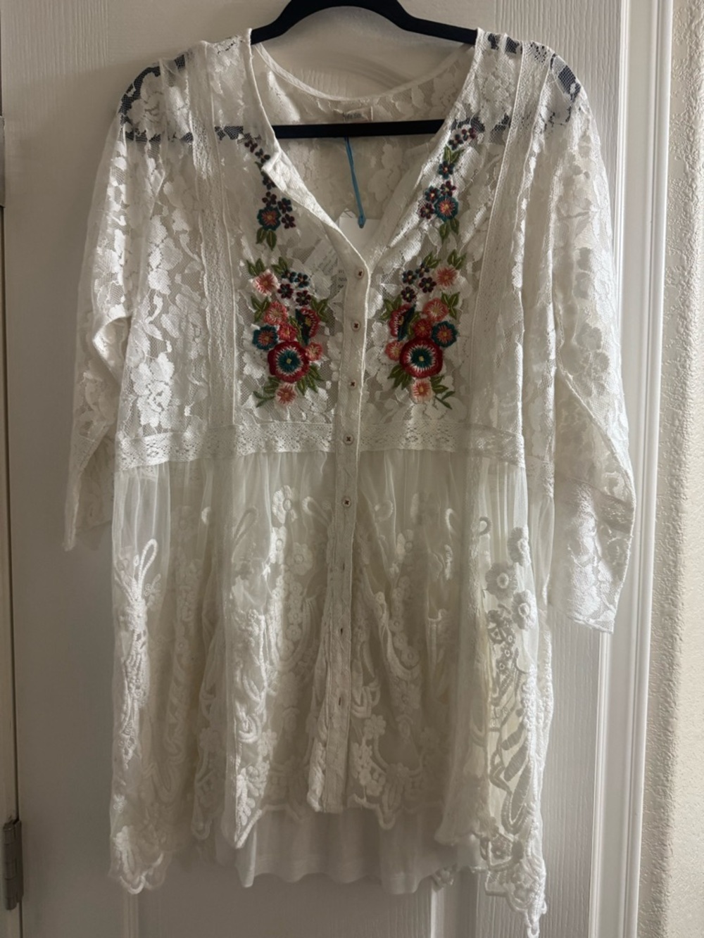 Kyla Seo White Lace Long-Sleeve Tunic Dress with Multicolor Floral Embroidery